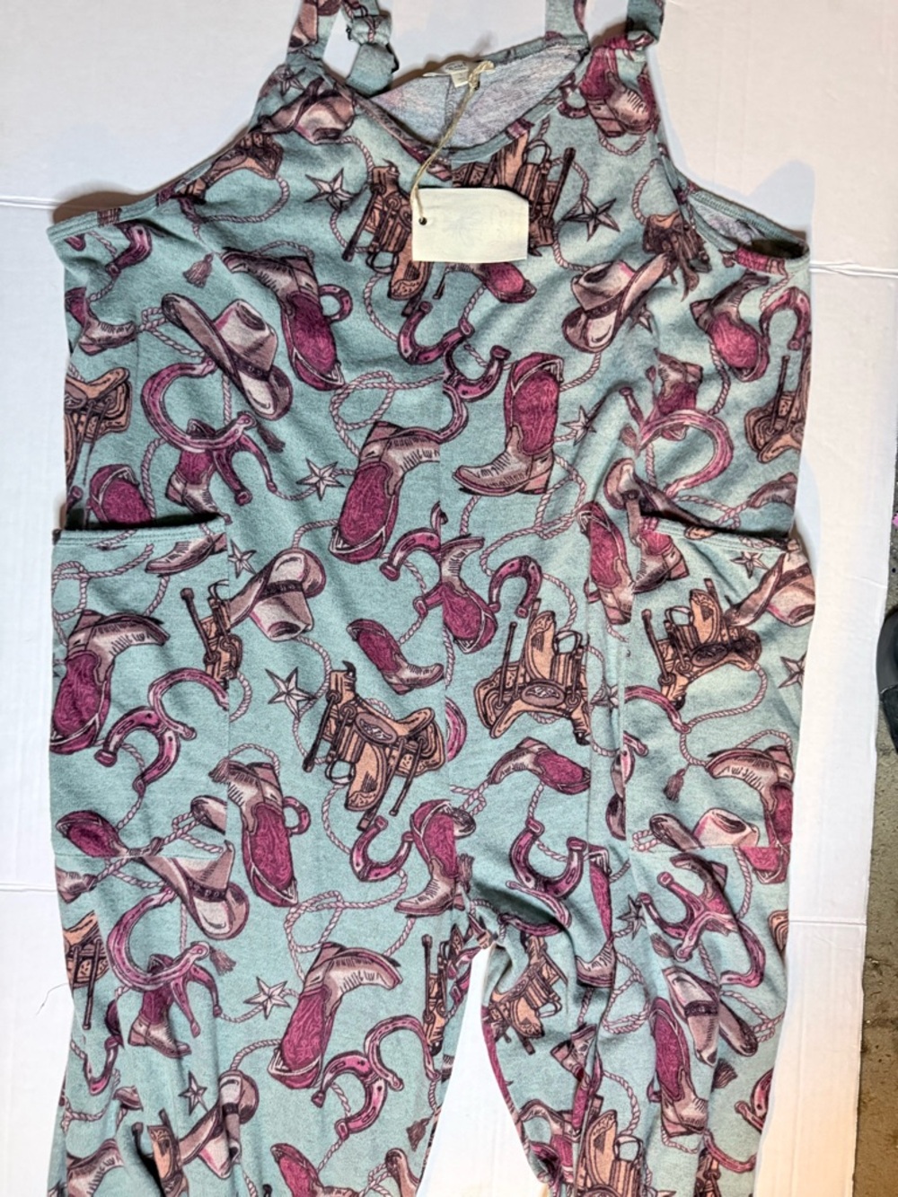 easel Western Print Romper in Mint Green and Plum - Picture 4 of 6